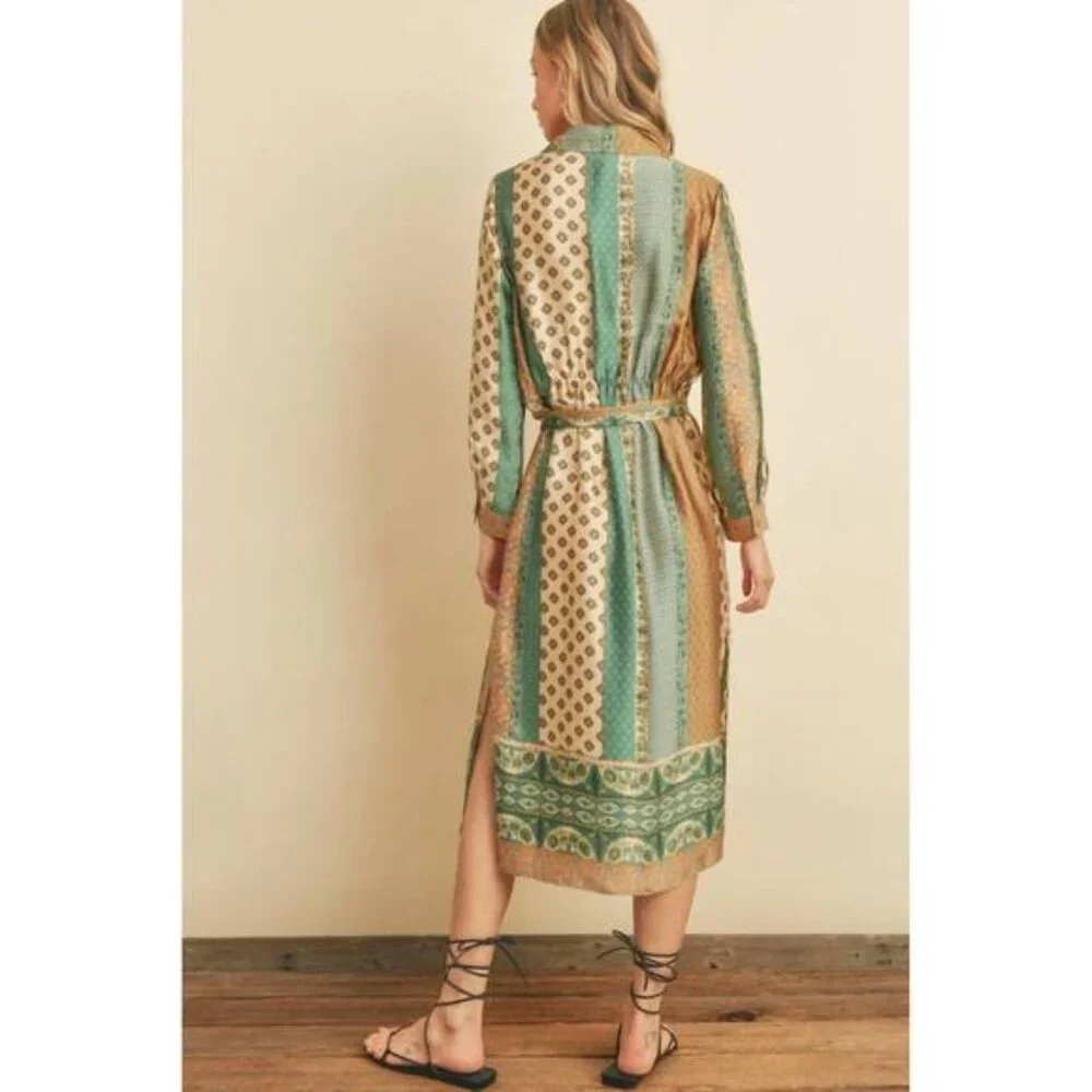 Dress Forum Sasha Border Print Satin Shirt Dress sz S - Picture 3 of 9